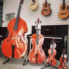 A cello displayed beside a viola
