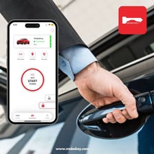A hand holding a car key fob near a vehicle.