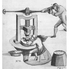 A minting press producing newly struck coins.
