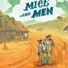 A book cover for John Steinbeck’s Of Mice and Men featuring its characters.