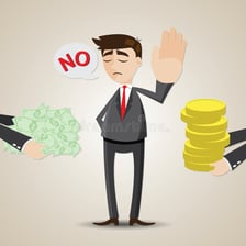An illustration of a person holding onto money and avoiding a purchase.