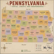 A map of Pennsylvania, known as the Keystone State