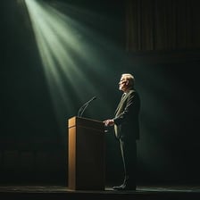 A speaker delivering a speech at a podium
