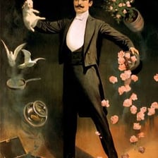 A magician demonstrating a deception or sleight-of-hand trick.