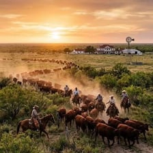 A ranch with cattle and a cowboy on horseback