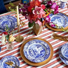 A blue-and-white Spode ceramic plate.