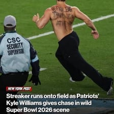 Security personnel pursuing a streaker on a football field