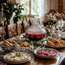 A large celebratory meal arranged across a dining table