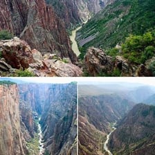 A deep, narrow gorge with steep rocky walls and a river