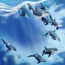 A pod of orcas swimming together in the ocean.