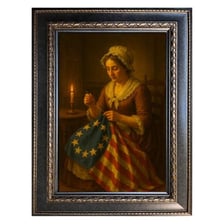 A historical depiction of Betsy Ross sewing an American flag.