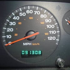 A car odometer displaying a mileage reading