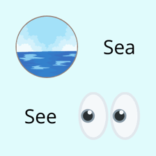A simple educational illustration showing the homophones “seize” and “sees”