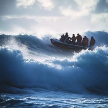 A small boat surrounded by seawater and waves