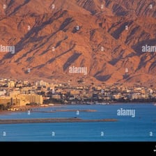 Eilat’s waterfront on the Gulf of Aqaba, with mountains in the distance.