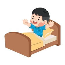 A person rising from bed in the morning