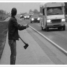 A hitchhiker entering a car after being offered a ride.