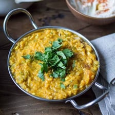 A bowl of Indian dal, a spiced lentil dish.
