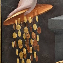 A pile of gold coins being guarded or hoarded as a symbol of greed.
