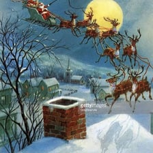 Santa’s sleigh landing on a snow-covered house roof