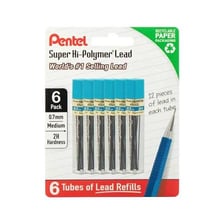 A mechanical pencil beside thin graphite lead refills.