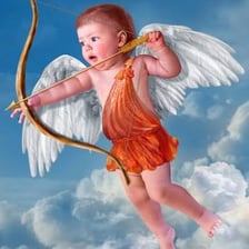 A winged cherubic Cupid holding a bow and arrows