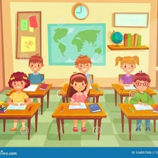 A schoolchild seated in a classroom.