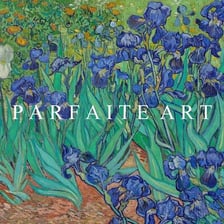 Van Gogh’s painting of blue irises in a garden.