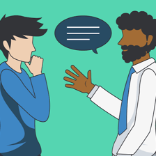 A person gesturing for someone to pay attention during a conversation.