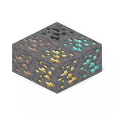 Pixelated Minecraft ore blocks including coal, iron, and diamond