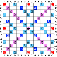 A Scrabble board with a star in its central starting square