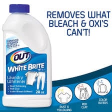 A bottle of laundry bleach beside white clothing.