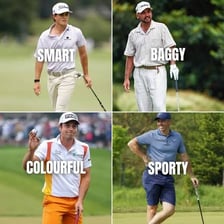 A golfer wearing a polo-style shirt on a golf course.