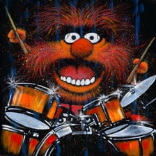 Animal playing drums with the Electric Mayhem