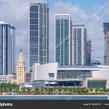 Miami skyline with a basketball arena in the foreground
