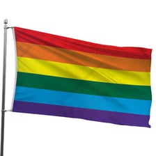 A six-stripe rainbow Pride flag with red at the top
