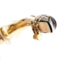 A saxophone mouthpiece with its attached reed.