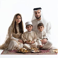 A family celebrating Eid with festive clothing and decorations.