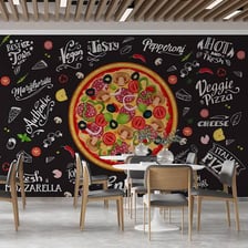 Bright, tacky decor combining California beach imagery with pizza themes.