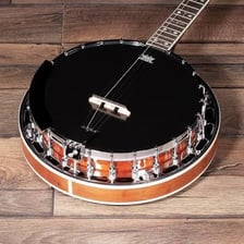 A traditional banjo with a round body and long neck.