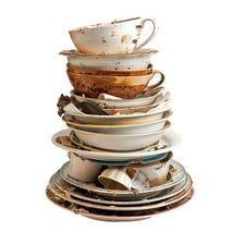 A stack of dirty dishes waiting to be washed