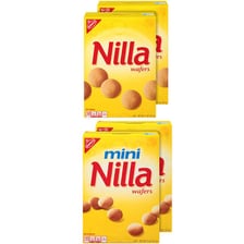 A box of Nilla Wafers beside vanilla wafer cookies