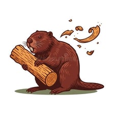 A beaver bites into a wooden log.