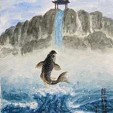 A koi swimming in a pond, associated with the legend of a fish becoming a dragon.