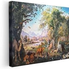 An artistic depiction of the Garden of Eden with Adam and Eve
