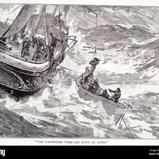 An illustration of passengers evacuating a ship into lifeboats