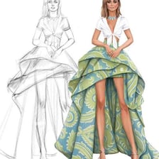 A fashion designer draws clothing designs on a sketch pad.