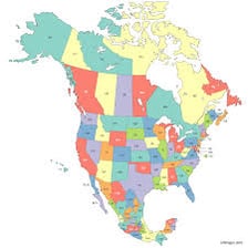 A map showing the United States between Canada and Mexico.