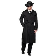 A classic disguise consisting of a trench coat, wig, and large sunglasses.
