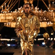 Models wearing designs from the Yves Saint Laurent fashion house.